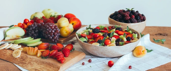 a table with fruits and vegetables